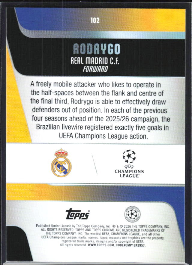 Rodrygo 2025-26 Topps Chrome UCC #102 – baksida