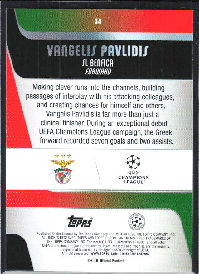 Vangelis Pavlidis 2025-26 Topps Chrome UCC #34 – baksida