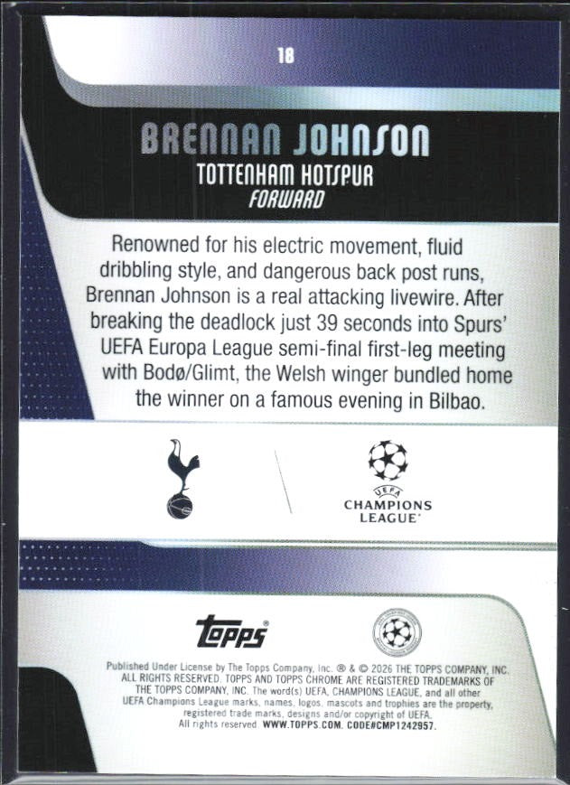 Brennan Johnson 2025-26 Topps Chrome UCC #18 – baksida