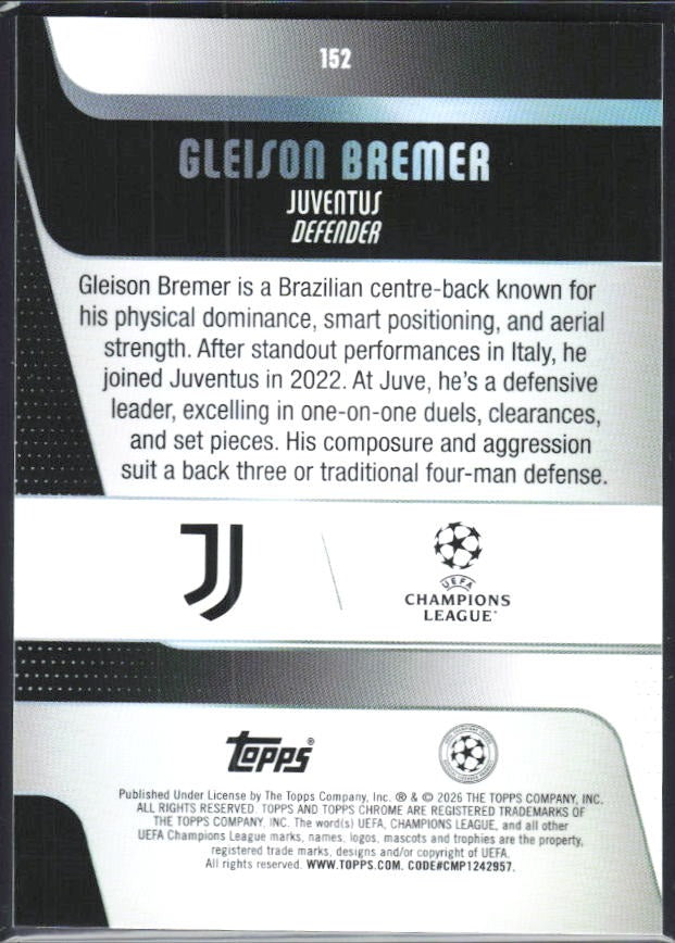 Gleison Bremer 2025-26 Topps Chrome UCC #152 – baksida