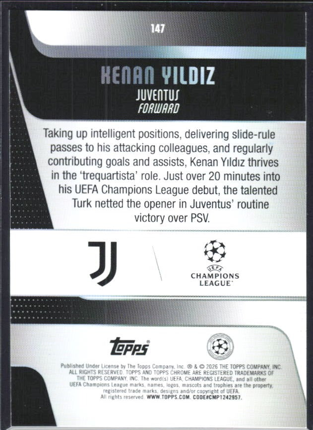Kenan Yildiz 2025-26 Topps Chrome UCC #147 – baksida