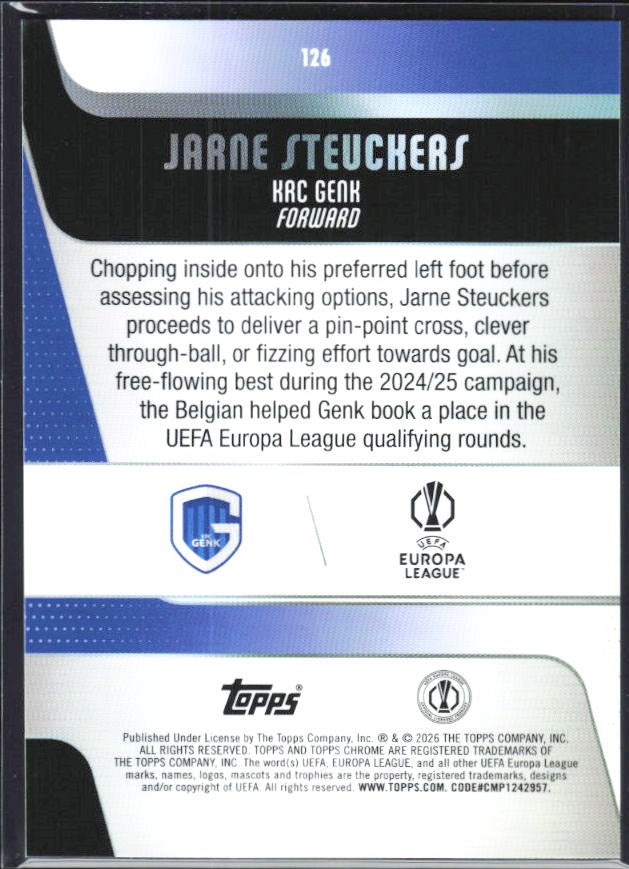 Jarne Steuckers 2025-26 Topps Chrome UCC #126 – baksida