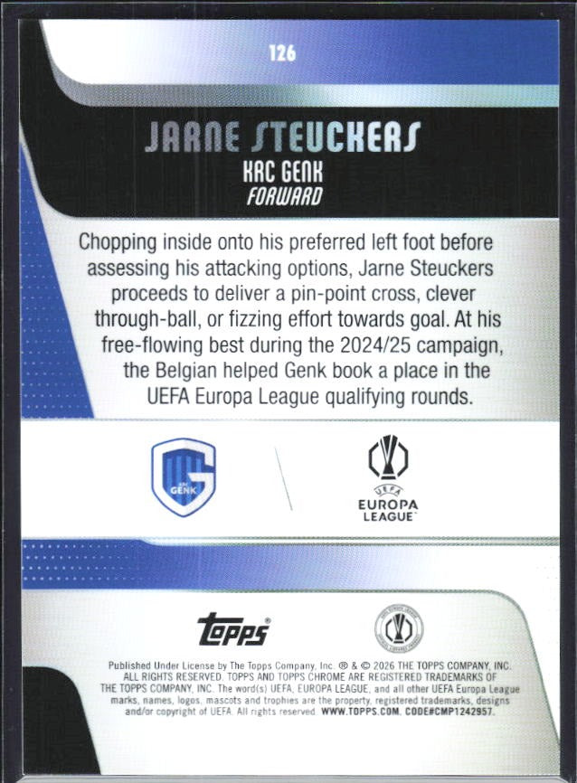 Jarne Steuckers 2025-26 Topps Chrome UCC #126 – baksida