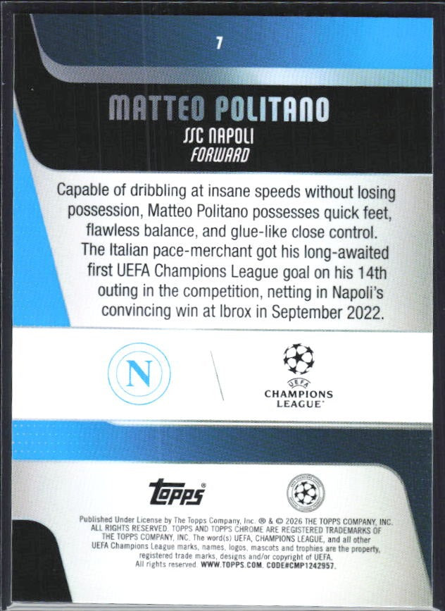 Matteo Politano 2025-26 Topps Chrome UCC #7 – baksida
