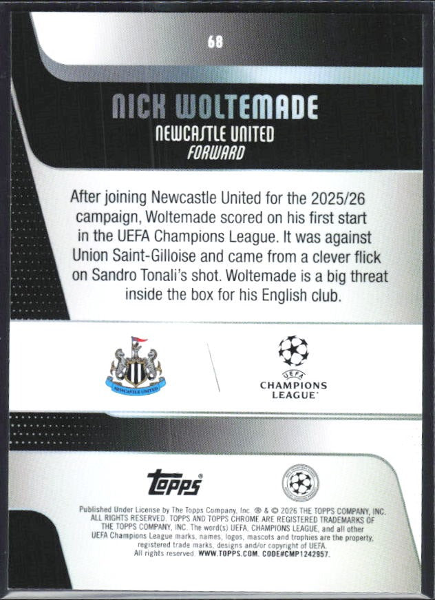 Nick Woltemade 2025-26 Topps Chrome UCC #68 – baksida