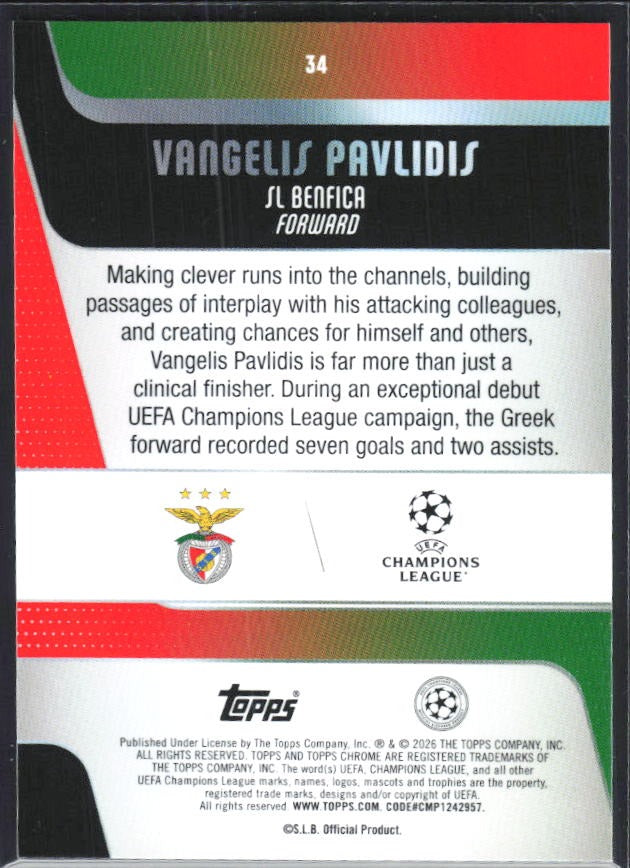 Vangelis Pavlidis 2025-26 Topps Chrome UCC #34 – baksida