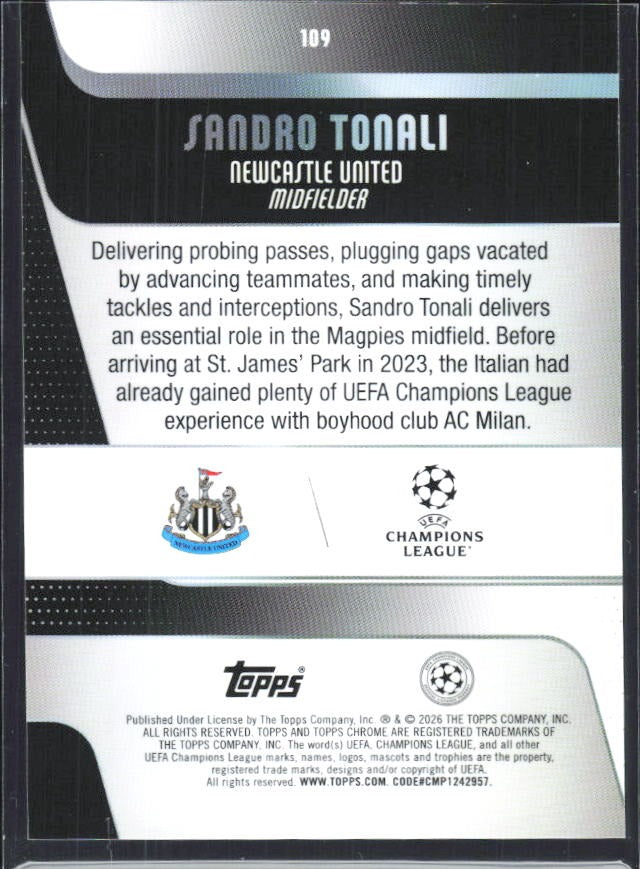 Sandro Tonali 2025-26 Topps Chrome UCC #109 – baksida