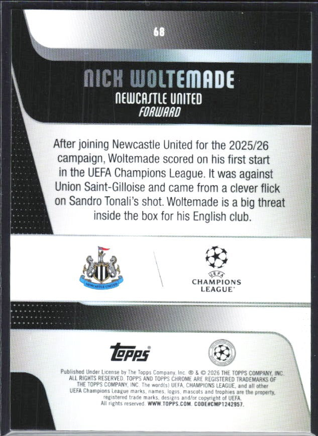 Nick Woltemade 2025-26 Topps Chrome UCC #68 – baksida