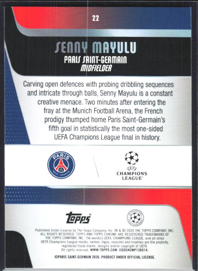Senny Mayulu 2025-26 Topps Chrome UCC Future Stars #22 – baksida