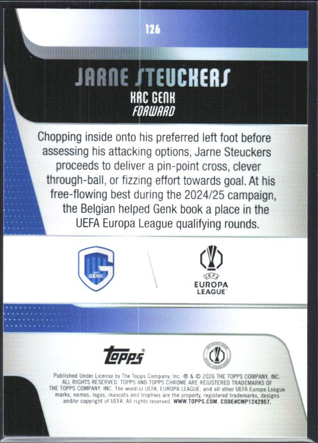 Jarne Steuckers 2025-26 Topps Chrome UCC #126 – baksida