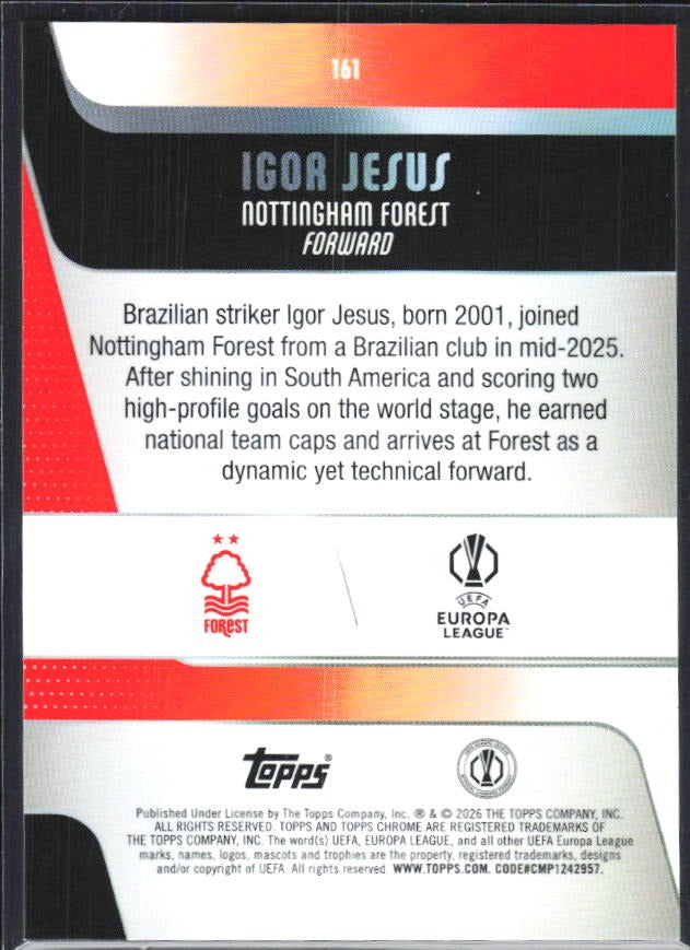 Igor Jesus 2025-26 Topps Chrome UCC #161 – baksida