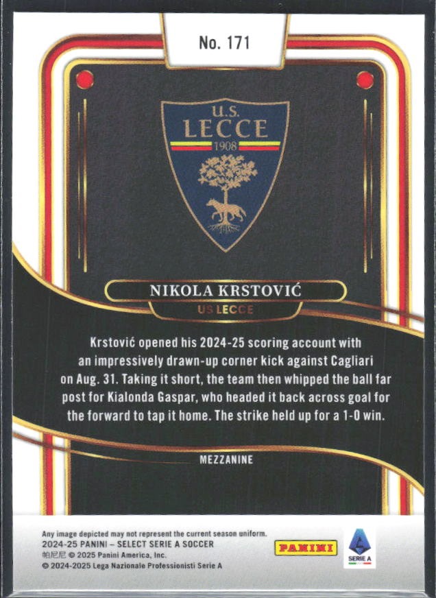 2024-25 Panini Select Serie A Nikola Krstović Mezzanine #171 – baksida