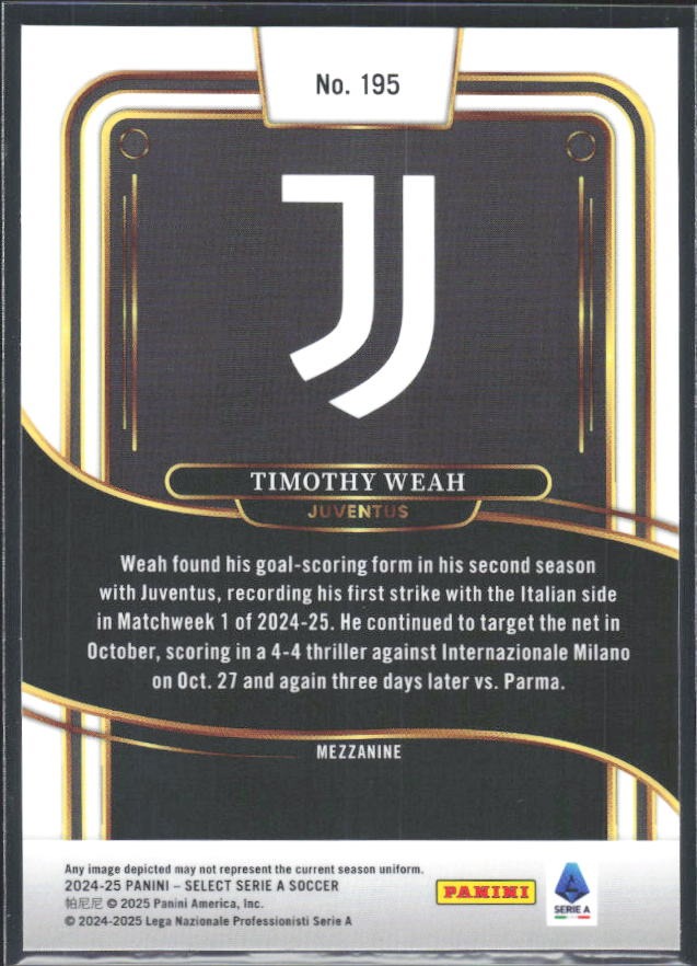 2024-25 Panini Select Serie A Timothy Weah Mezzanine #195 – baksida