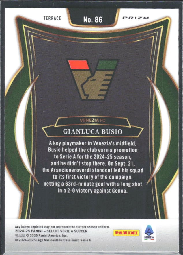 2024-25 Panini Select Serie A Gianluca Busio Terrace Zebra Prizm #86 – baksida