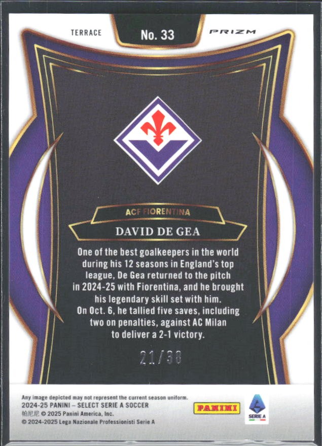 2024-25 Panini Select Serie A David de Gea Terrace Red Wave Prizm 21/38 #33 – baksida