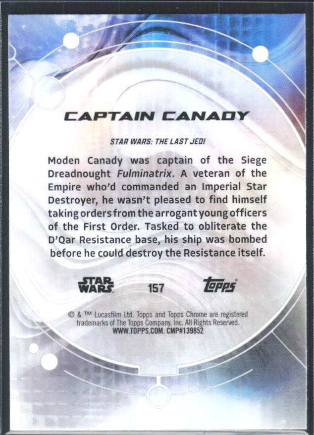 2026 Topps Chrome Star Wars Captain Canady Characters Skywalker Blue Geometric Refractor #157 – baksida