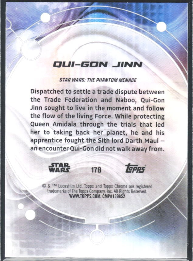 2026 Topps Chrome Star Wars Qui-Gon Jinn Characters Purple Geometric Refractor – preliminär #178 – baksida