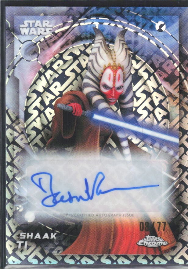 2026 Topps Chrome Star Wars Shaak Ti / Tasia Valenza Character Autographs SW Logofractor Autograph 08/77 #A-TVAL – framsida