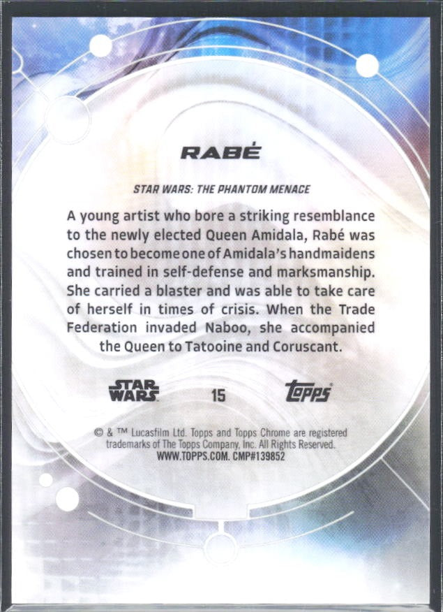 2026 Topps Chrome Star Wars Rabé Characters Orange Geometric Refractor 06/25 #15 – baksida