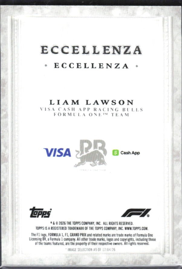 2026 Topps F1 Eccellenza Liam Lawson Eccellenza – baksida