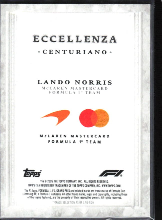 2026 Topps F1 Eccellenza Lando Norris Centuriano – baksida