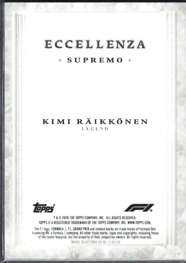 2026 Topps F1 Eccellenza Kimi Räikkönen Supremo – baksida