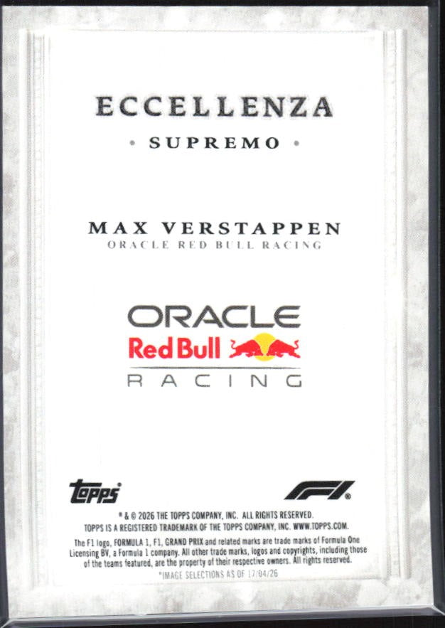2026 Topps F1 Eccellenza Max Verstappen Supremo – baksida