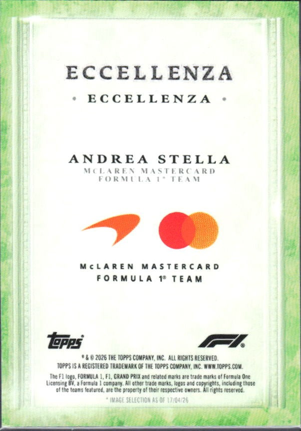 2026 Topps F1 Eccellenza Andrea Stella Eccellenza Green 75/75 – baksida