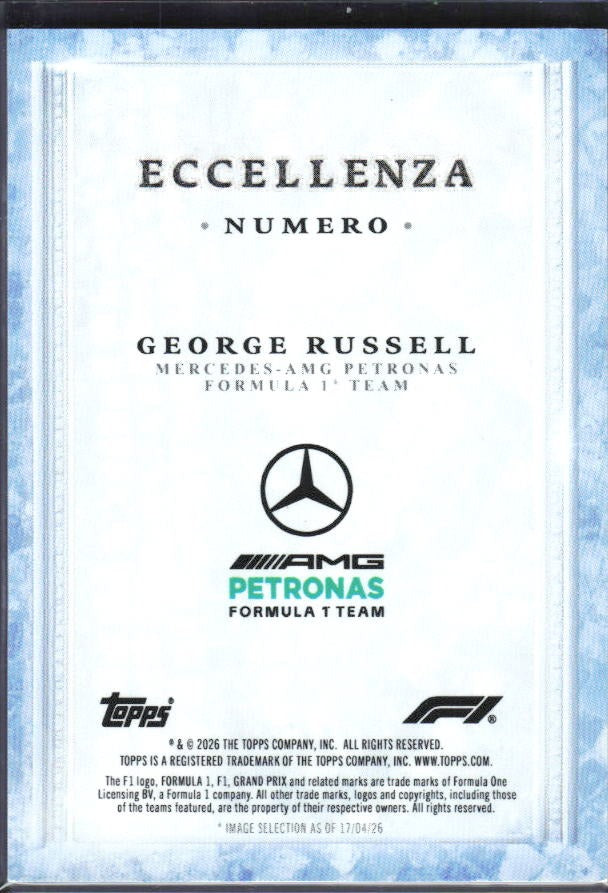 2026 Topps F1 Eccellenza George Russell Numero Blue 67/99 – baksida