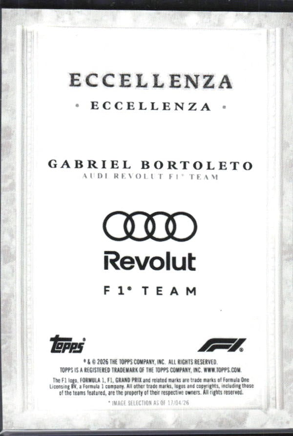 2026 Topps F1 Eccellenza Gabriel Bortoleto Eccellenza – baksida