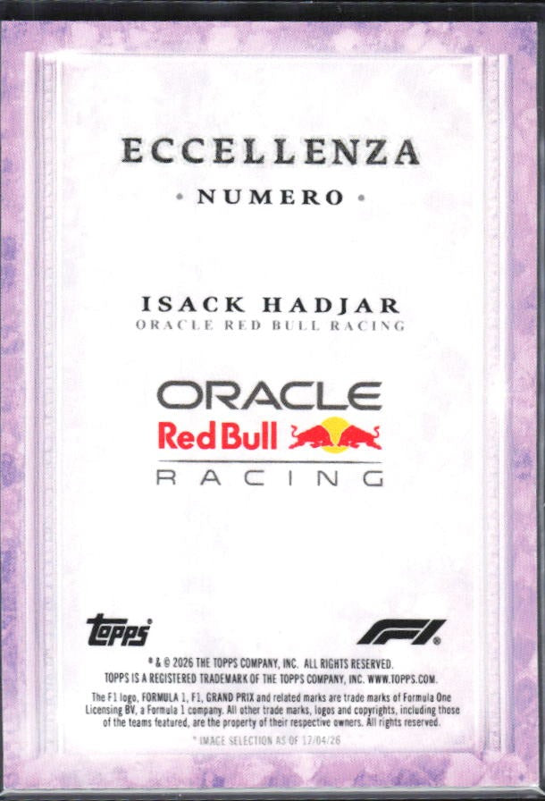 2026 Topps F1 Eccellenza Isack Hadjar Numero Purple 38/50 – baksida