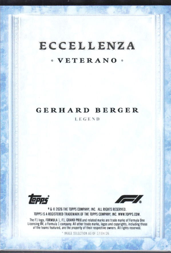 2026 Topps F1 Eccellenza Gerhard Berger Veterano Blue 54/99 – baksida