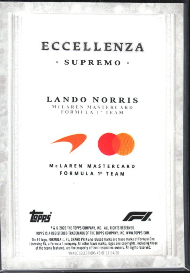2026 Topps F1 Eccellenza Lando Norris Supremo – baksida
