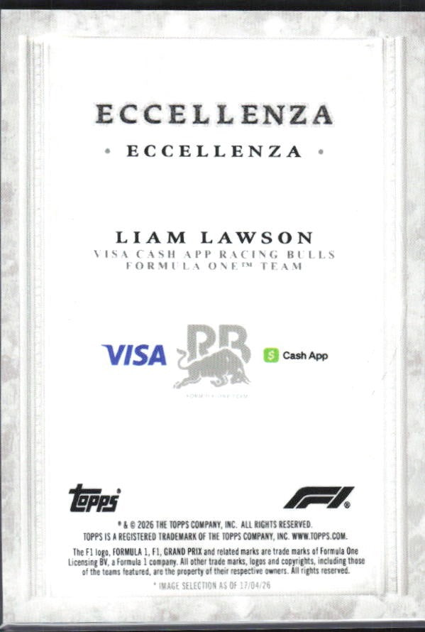 2026 Topps F1 Eccellenza Liam Lawson Eccellenza – baksida
