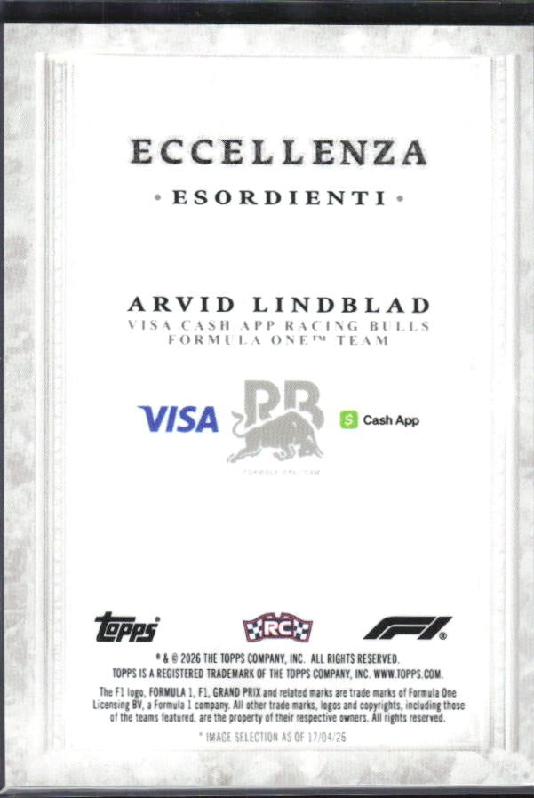 2026 Topps F1 Eccellenza Arvid Lindblad Esordienti Base / RC – baksida