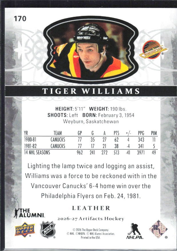 2026-27 Upper Deck Artifacts Tiger Williams Leather #170 – baksida