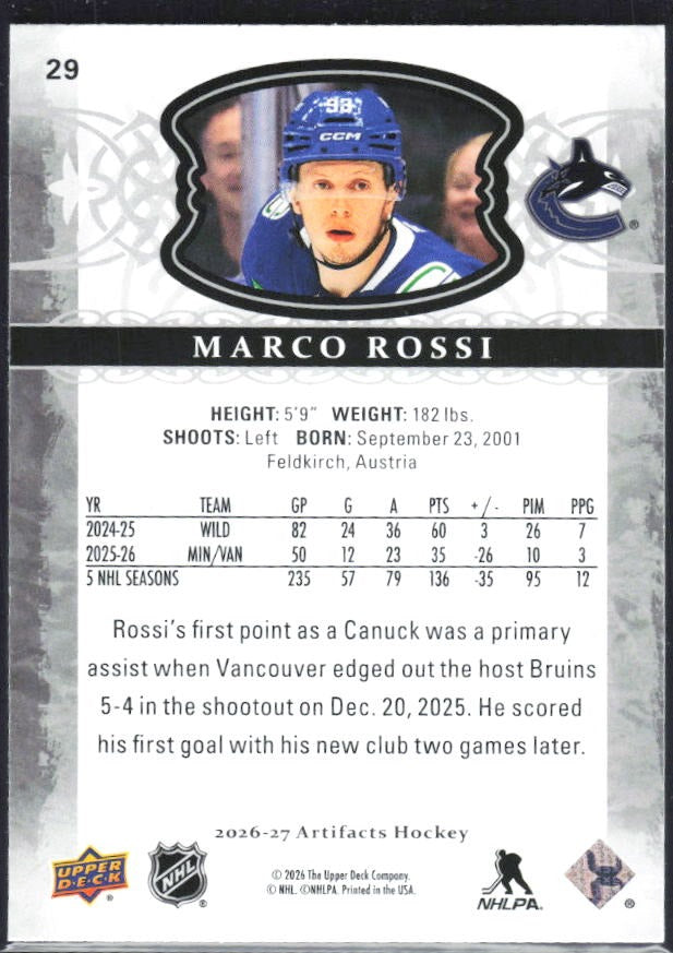 2026-27 Upper Deck Artifacts Marco Rossi Base #29 – baksida