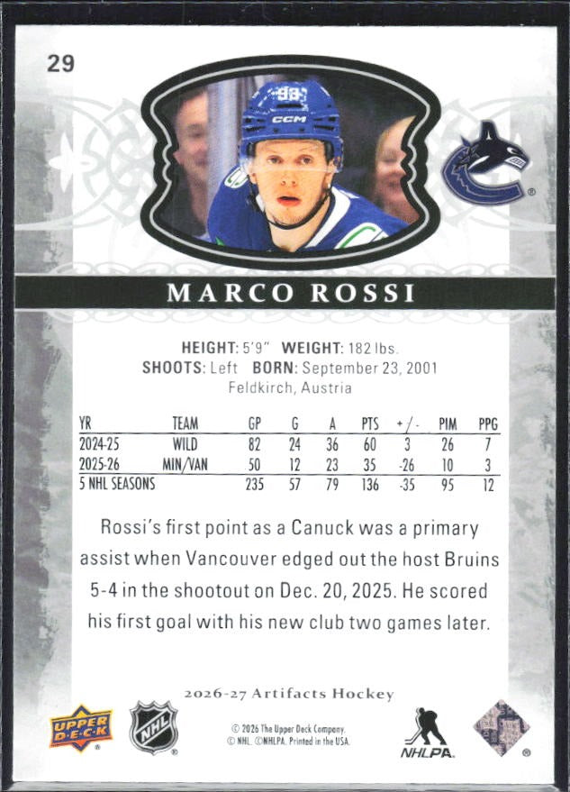 2026-27 Upper Deck Artifacts Marco Rossi Base #29 – baksida
