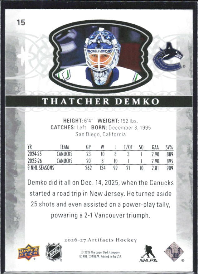 2026-27 Upper Deck Artifacts Thatcher Demko Base #15 – baksida