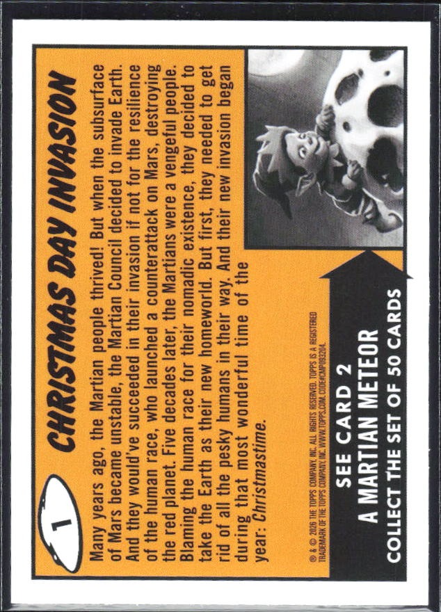 2026 Topps Mars Attacks Christmas Christmas Day Invasion Base story Red #1 – baksida