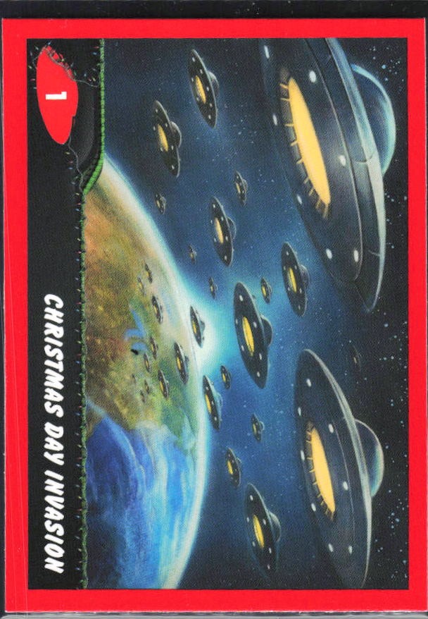 2026 Topps Mars Attacks Christmas Christmas Day Invasion Base story Red #1 – framsida