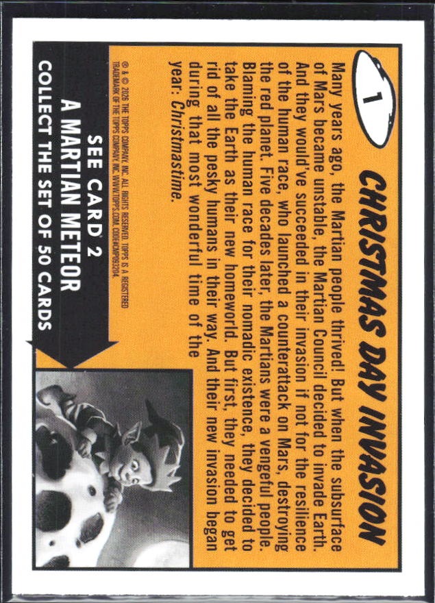 2026 Topps Mars Attacks Christmas Christmas Day Invasion Base story #1 – baksida