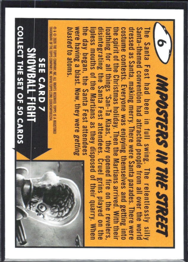 2026 Topps Mars Attacks Christmas Imposters in the Street Base story #6 – baksida