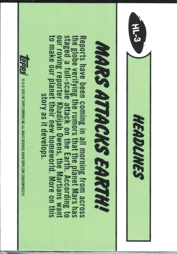 2026 Topps Mars Attacks Christmas Mars Attacks Earth! Headlines! #HL-3 – baksida