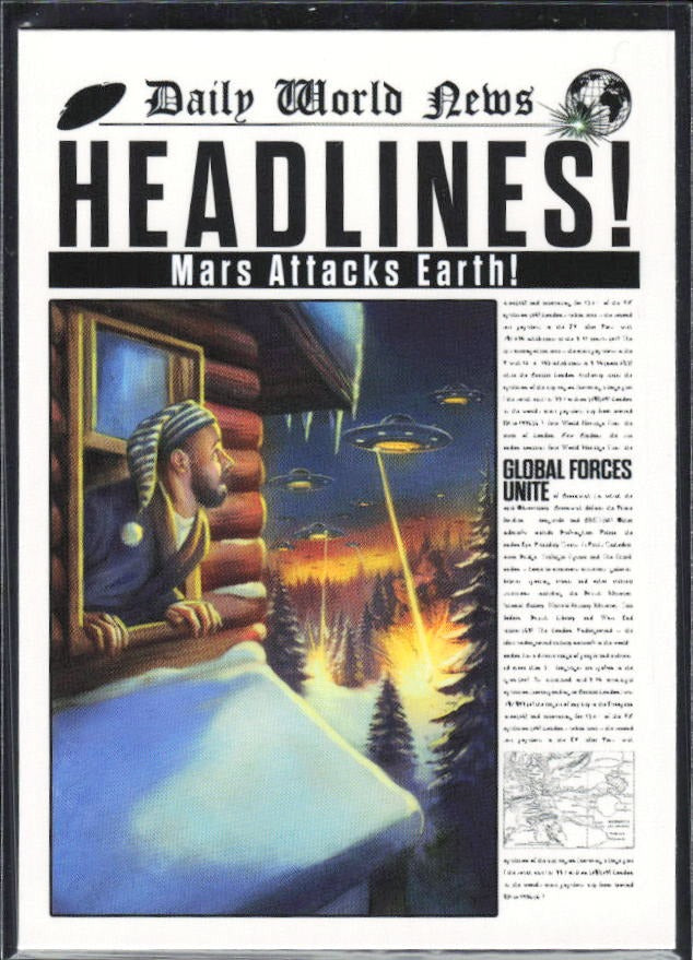 2026 Topps Mars Attacks Christmas Mars Attacks Earth! Headlines! #HL-3 – framsida