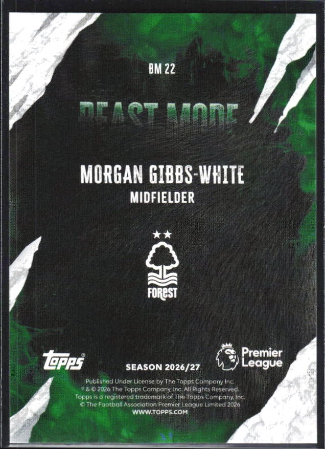 2026-27 Topps Premier League Morgan Gibbs-White Beast Mode #BM22 – baksida