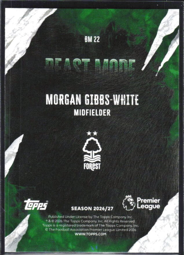 2026-27 Topps Premier League Morgan Gibbs-White Beast Mode #BM22 – baksida