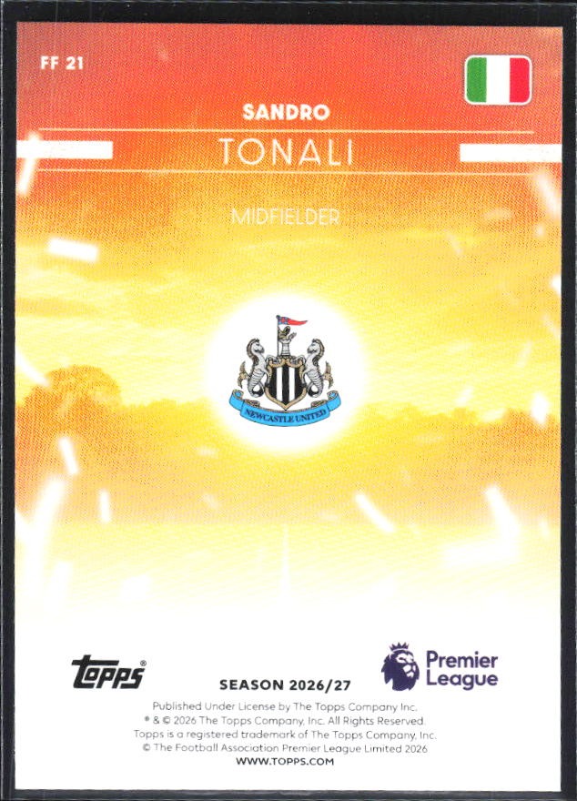 2026-27 Topps Premier League Sandro Tonali Fan Favourites #FF21 – baksida