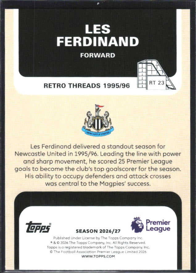 2026-27 Topps Premier League Les Ferdinand Retro Threads #RT23 – baksida