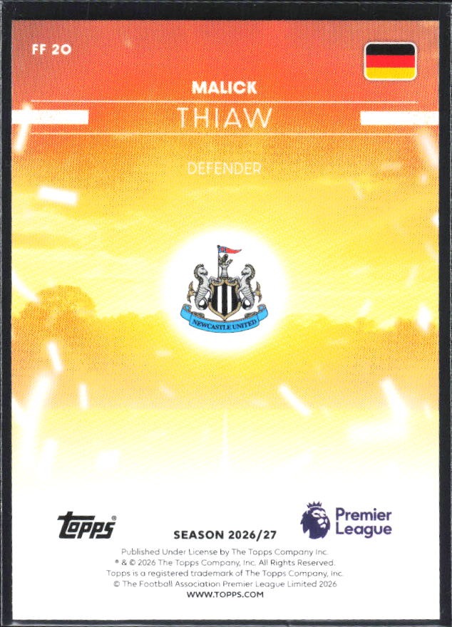 2026-27 Topps Premier League Malick Thiaw Fan Favourites #FF20 – baksida